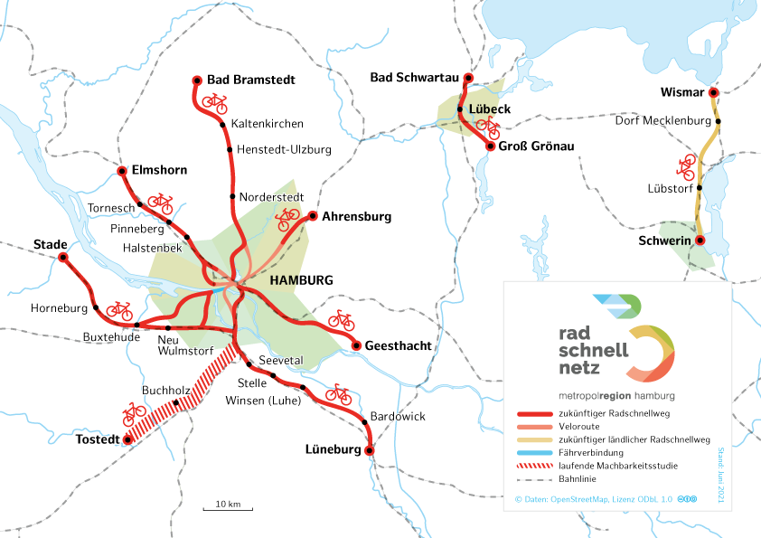 Karte der geplanten Radschnellwege in der Metropolregion Hamburg