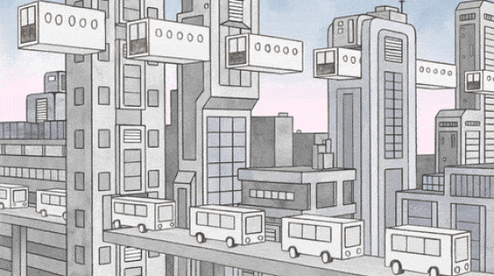 Dichte Taktfolge: urbane Mobilität der Zukunft mit den Augen des Illustrators Tom Morris gesehen. Quelle: https://www.instagram.com/tommorrisart/ Dichte Taktfolge: urbane Mobilität der Zukunft mit den Augen des Illustrators Tom Morris gesehen. Quelle: https://www.instagram.com/tommorrisart/
